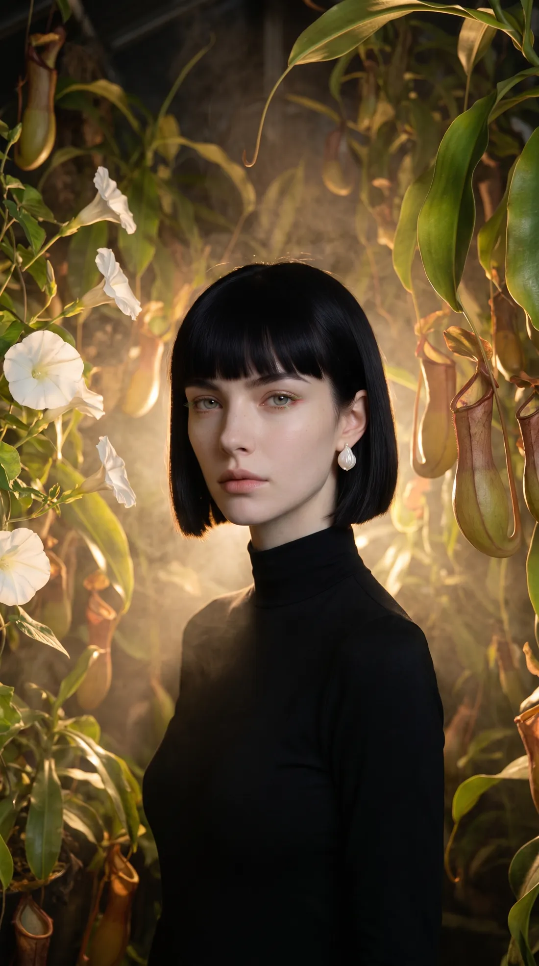 Jane standing calmly among pitcher plants and pale blossoms in a warm greenhouse.