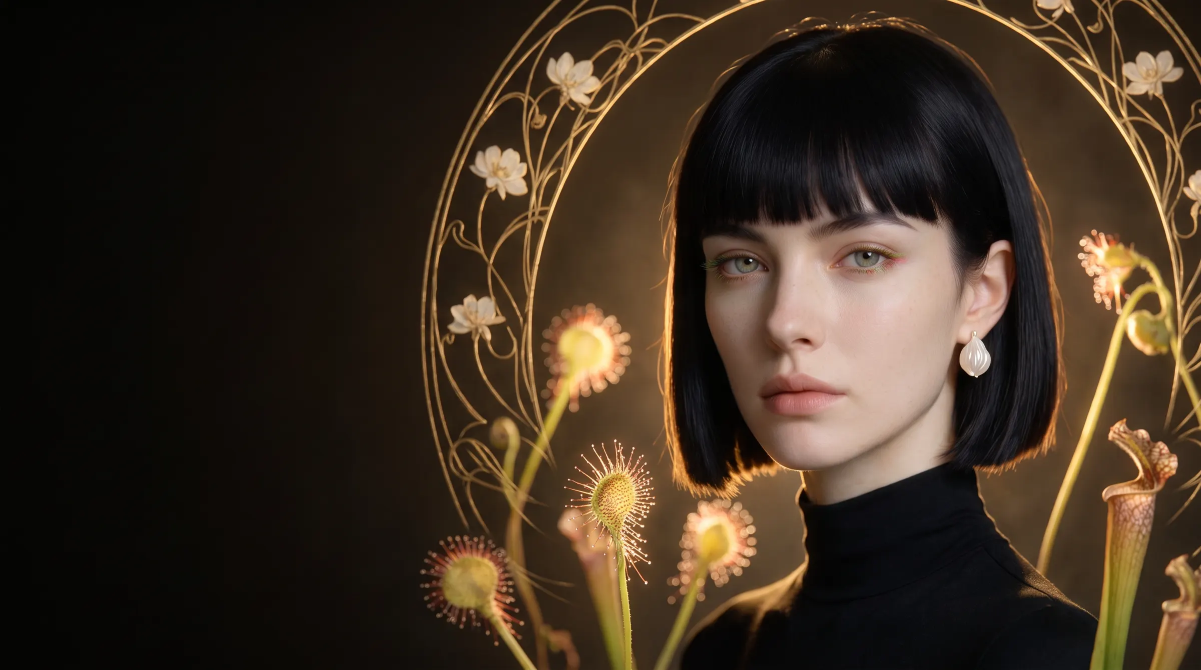 Jane: a pale woman with a glossy black bob and a pearl seed-pod earring, framed by gold Art Nouveau linework and carnivorous flowers.