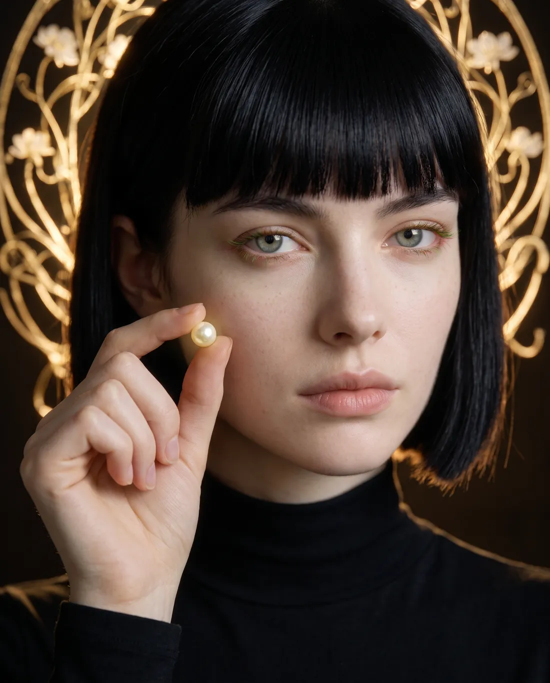 Jane holding a pea-sized pearl between her finger and thumb.