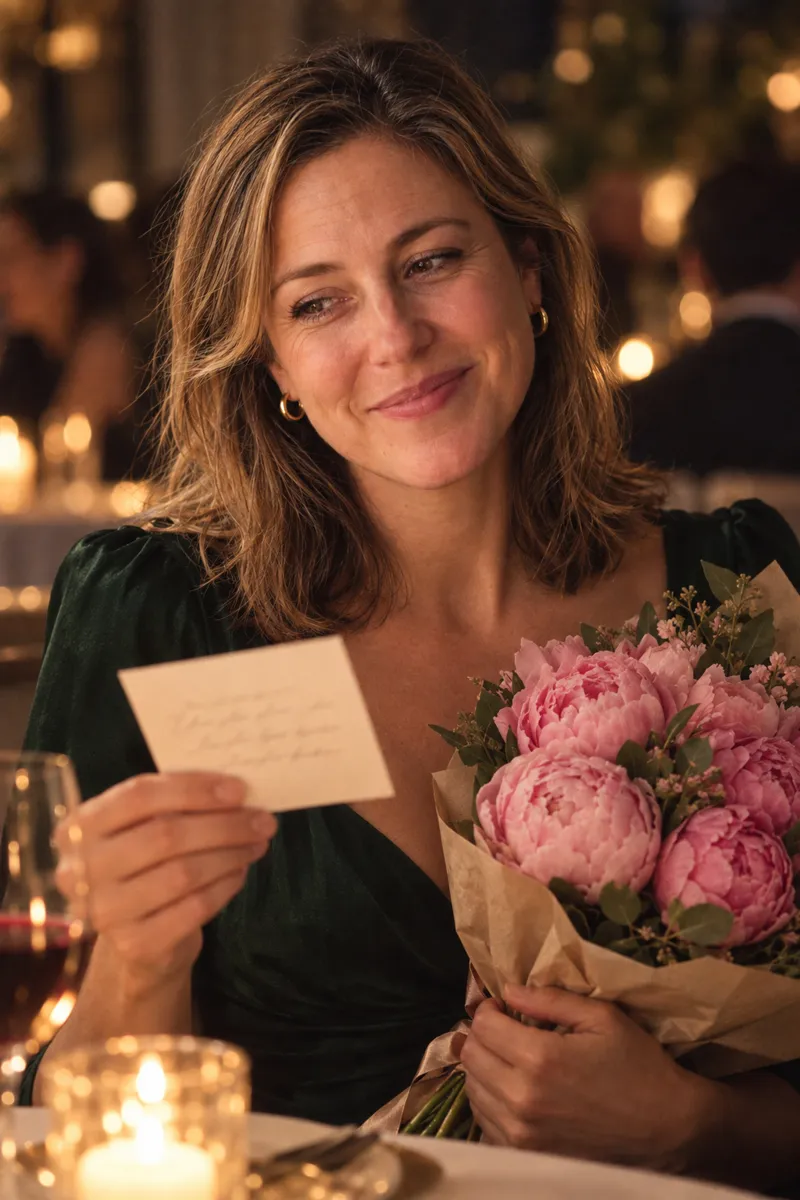 A woman at a candlelit dinner holds a handwritten card and pink peonies.