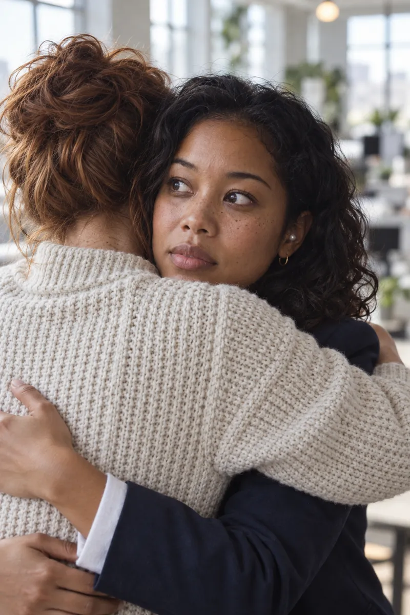 Two coworkers embrace in a bright office.