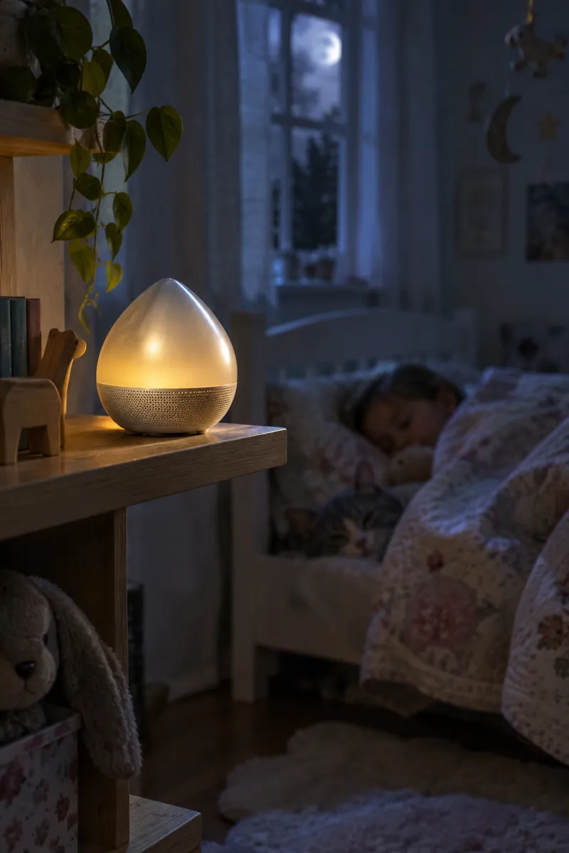 A softly glowing pearl lamp on a nightstand beside a sleeping child's bed.