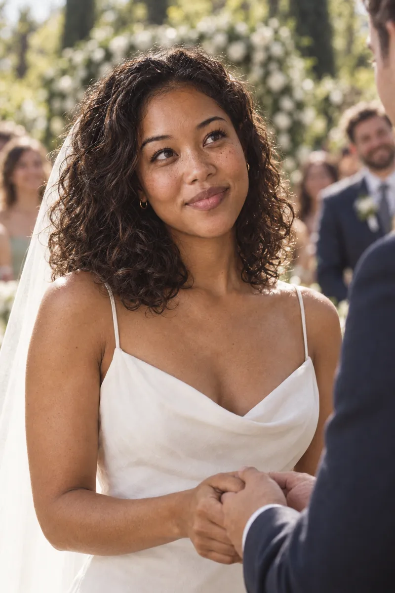 A bride smiles at her groom at an outdoor wedding.