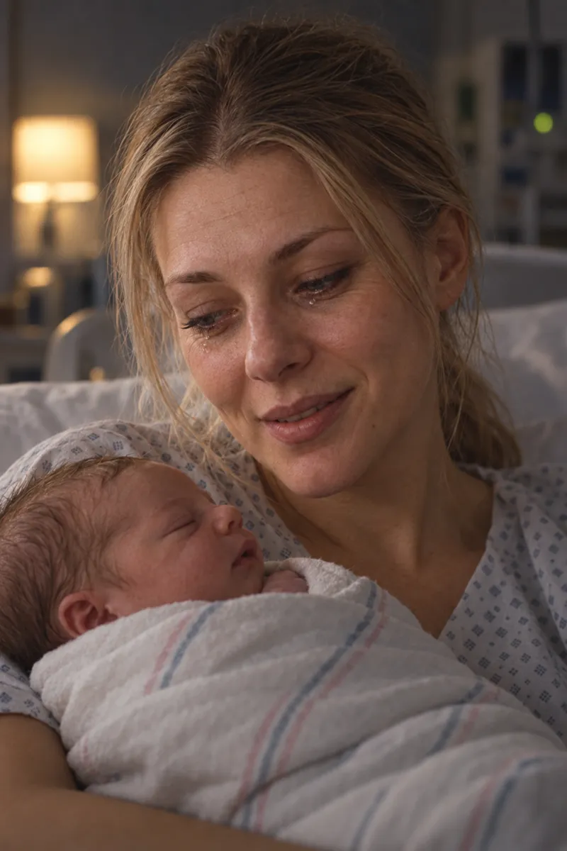 A new mother smiles down at her sleeping newborn.