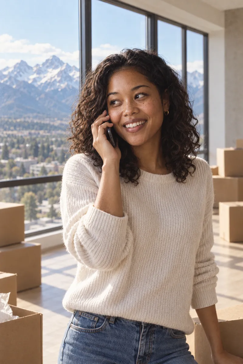 A young woman on the phone, smiling, in a new apartment with mountain views.
