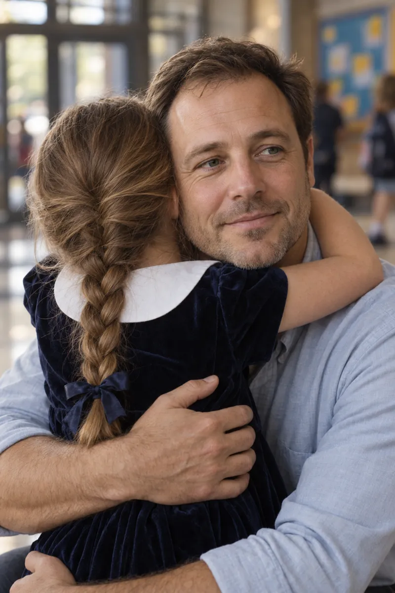 A father hugs his daughter after her piano recital.