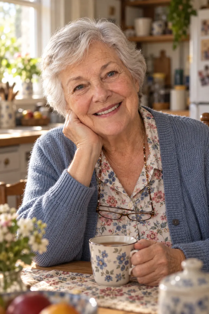A smiling older woman at her kitchen table.