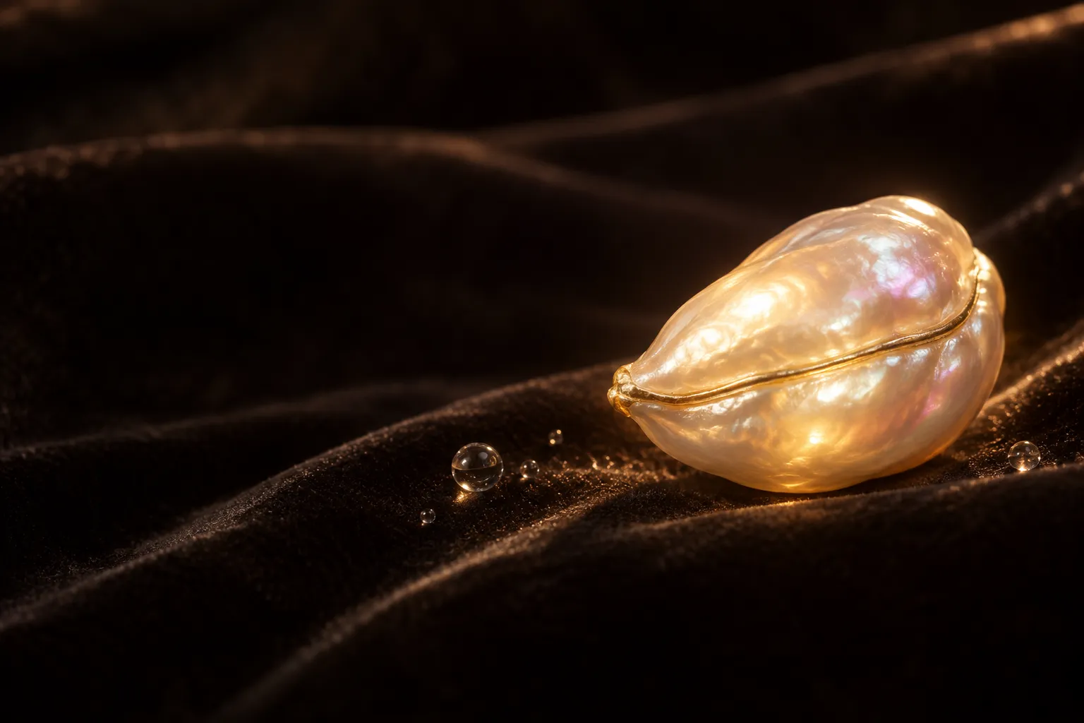 The Pearl: a glowing baroque pearl shaped like a seed pod, resting on dark velvet.