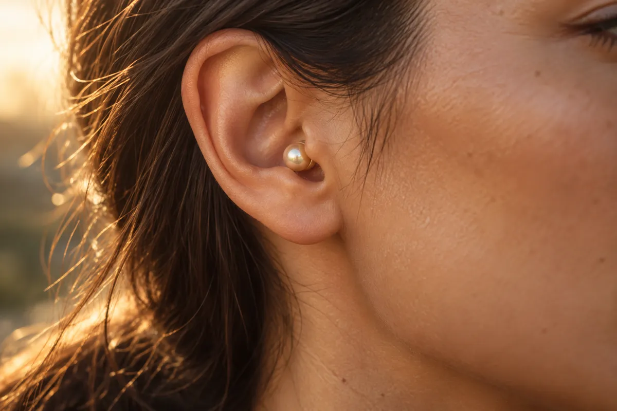 A tiny glowing pearl seated just inside a woman's ear.